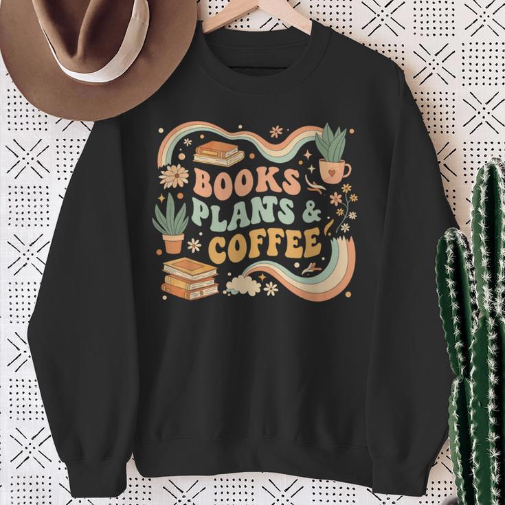 Book Lover Coffee Plants Retro Cozy Succulent Reading Groovy Sweatshirt Gifts for Old Women