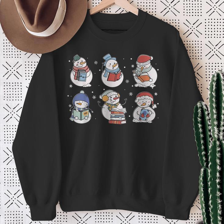 Book Lover Teacher Snowman Reading Books Christmas Winter Sweatshirt Gifts for Old Women