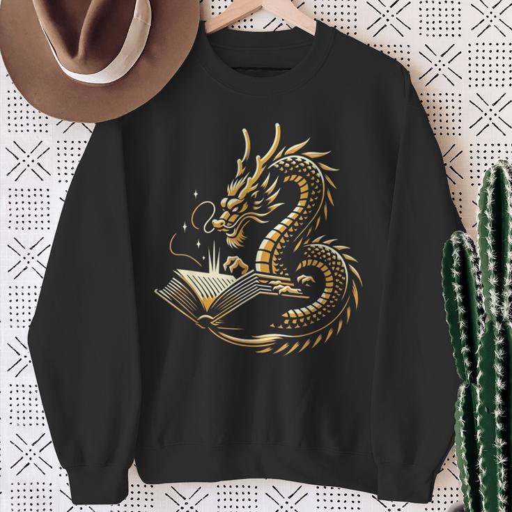 Book Lovers Dragon Fantasy Art Mythical Creatures Yellow Bookworm Chinese Dragon Sweatshirt Gifts for Old Women