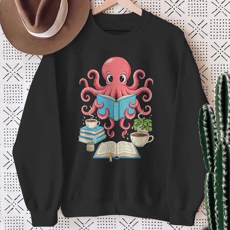 Bookish Octopus Reading Books And Coffee Literary Lover Art Sweatshirt Gifts for Old Women