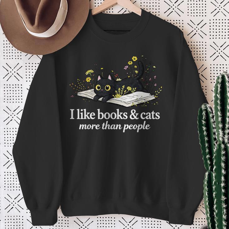 I Like Books & Cats More Than People Cat Book Lover Reading Sweatshirt Gifts for Old Women