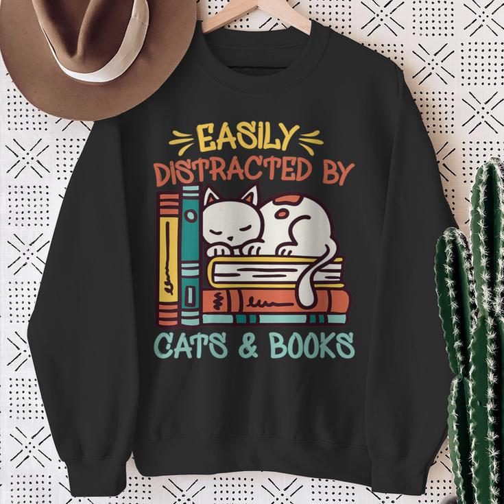 Cats And Books Easily Distracted By Cats And Books Sweatshirt Gifts for Old Women
