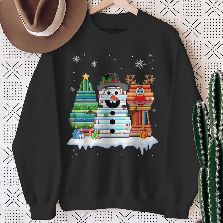 Christmas Tree Snowman Reindeer Book Stack Tee Librarian Sweatshirt Gifts for Old Women