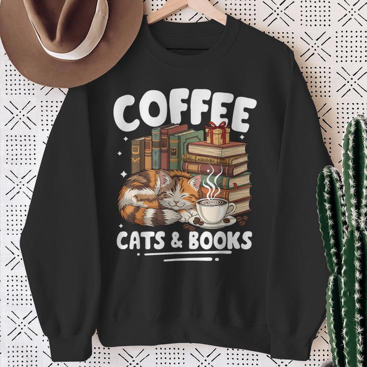 Coffee Cats And Books Cats And Reading Lovers Sweatshirt Gifts for Old Women