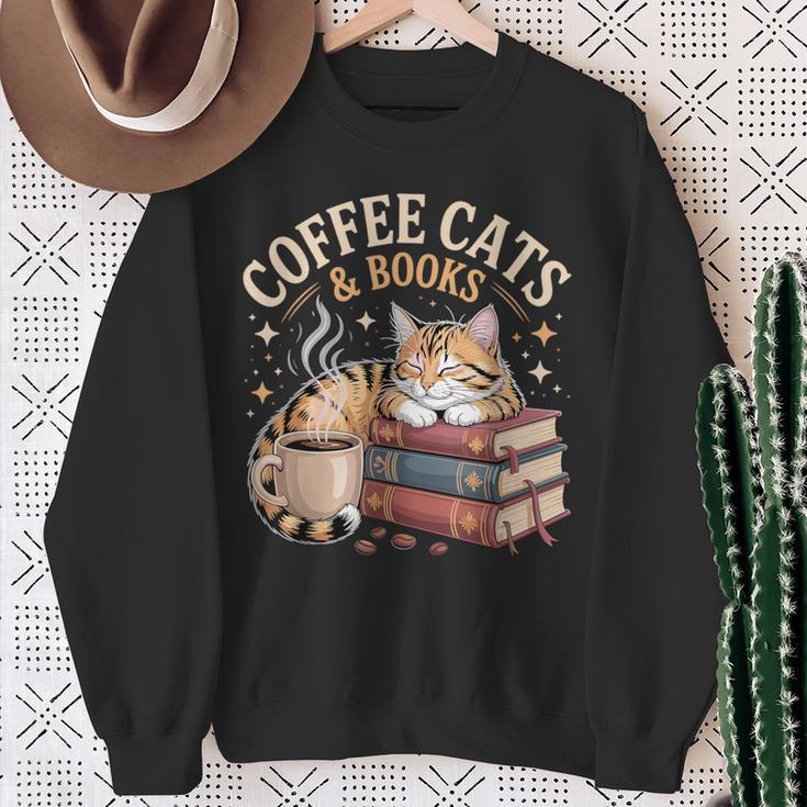 Cozy Reading Cat Coffee And Books Lover Artwork Sweatshirt Gifts for Old Women