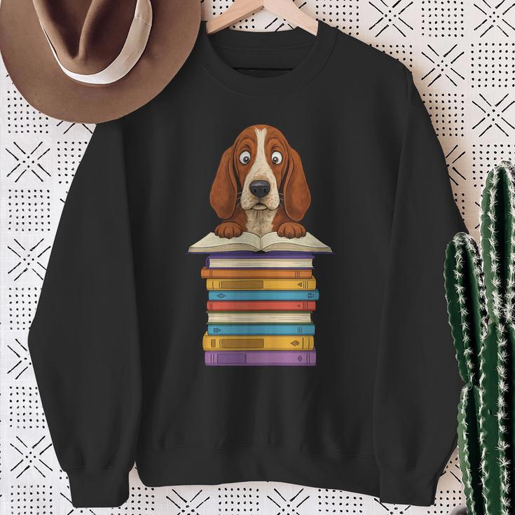 Cute Basset Hound Dog Reading On Pile Of Books Sweatshirt Gifts for Old Women