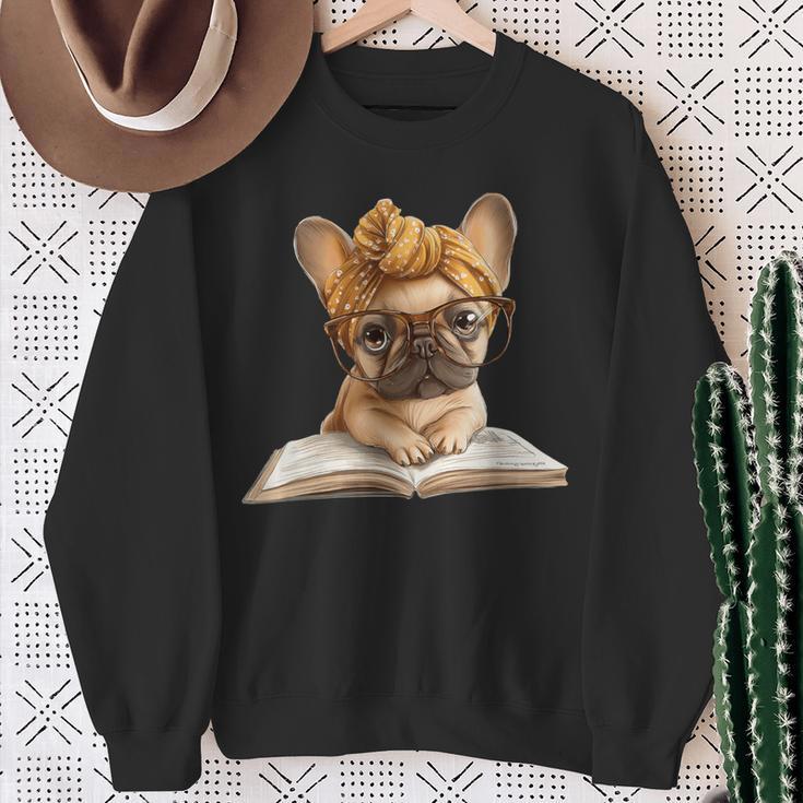 Cute Bulldog Reading Dog Book Lover Animal Graphic French Sweatshirt Gifts for Old Women