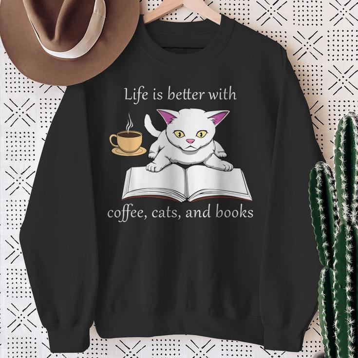 Cute Cat Book Reading Coffee Sweatshirt Gifts for Old Women
