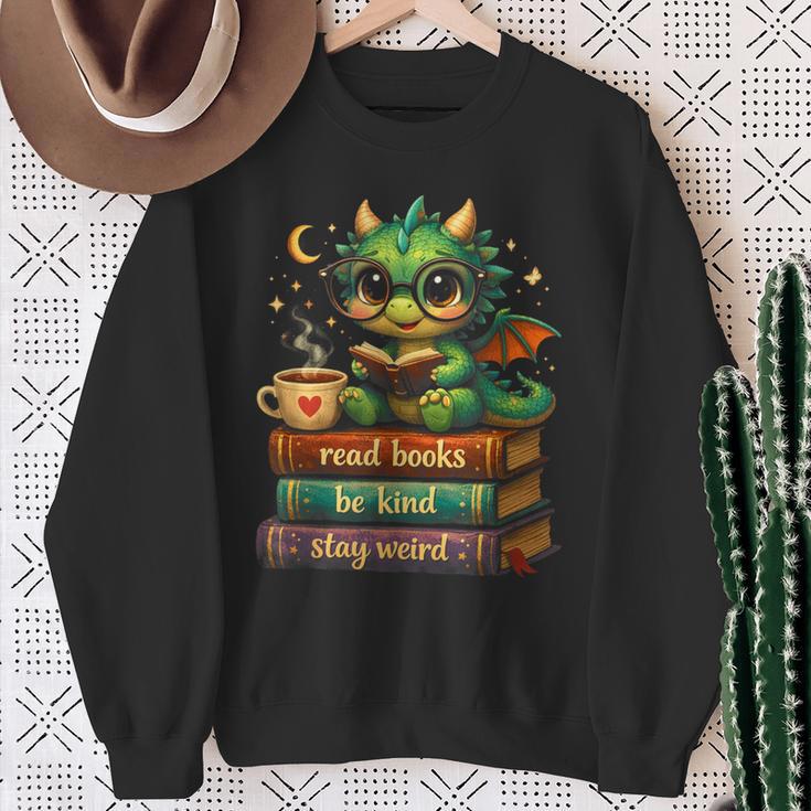 Cute Dragon Read Books Be Kind Stay Weird Fantasy Lovers Sweatshirt Gifts for Old Women