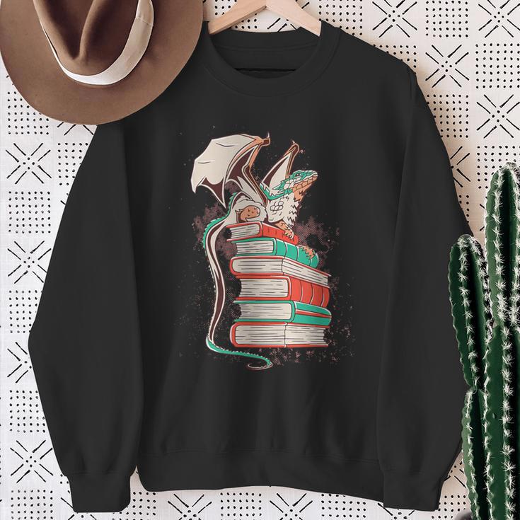 Cute Dragon Reading Cat Books Dragon Sweatshirt Gifts for Old Women
