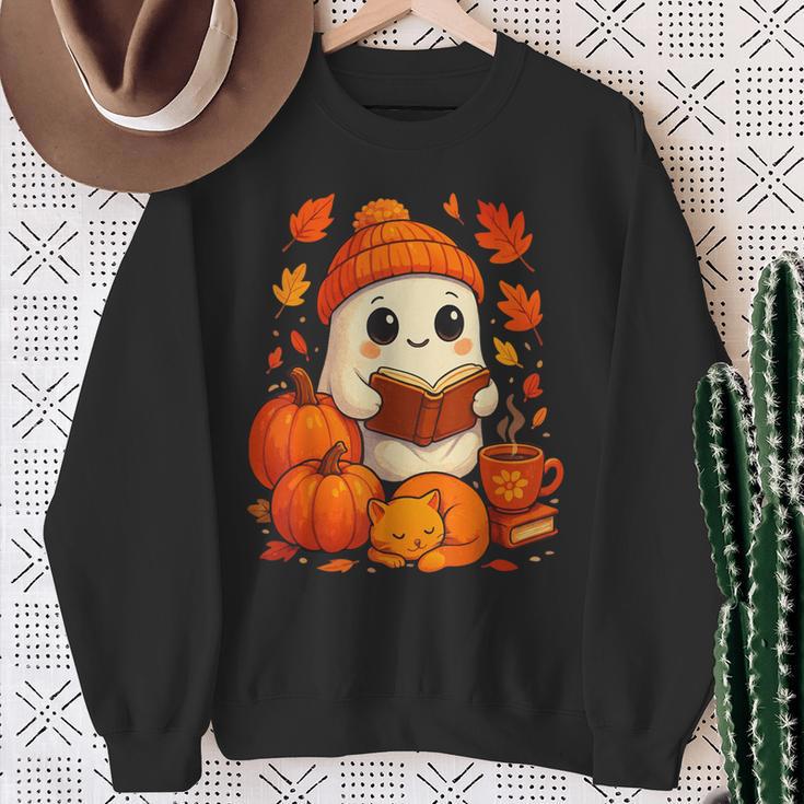 Cute Ghost Reading Book Autumn Pumpkins Cat Coffee Halloween Sweatshirt Gifts for Old Women Cute Ghost Reading Book Autumn Pumpkins Cat Coffee Halloween Sweatshirt Gifts for Old Women