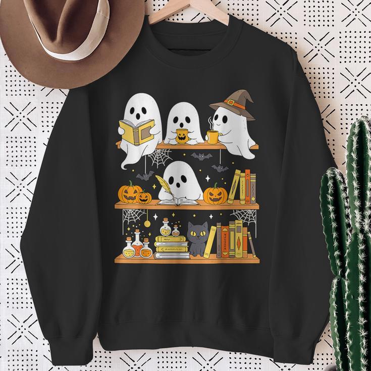 Cute Halloween Ghost Bookshelf Cat Book Lover Sweatshirt Gifts for Old Women