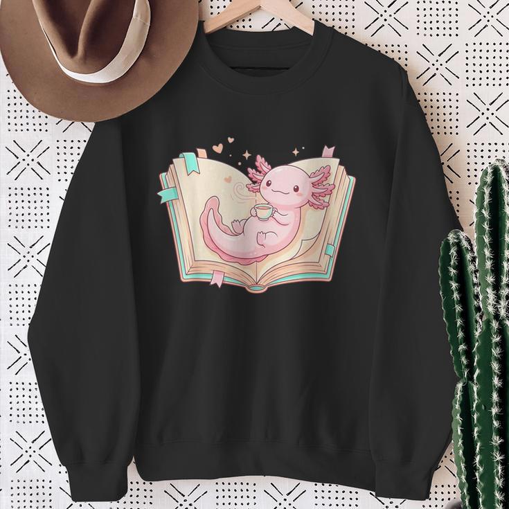 Cute Kawaii Axolotl Book Tea Lover Women Reading Cozy Art Sweatshirt Gifts for Old Women