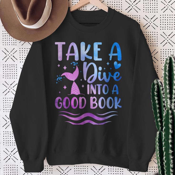Cute Mermaid Librarian Teacher Dive Into A Good Book Reading Sweatshirt Gifts for Old Women