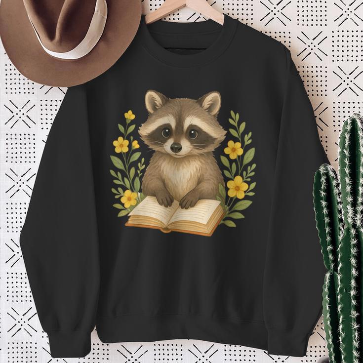 Cute Raccoon Reading Book Flowers Floral Sweatshirt Gifts for Old Women