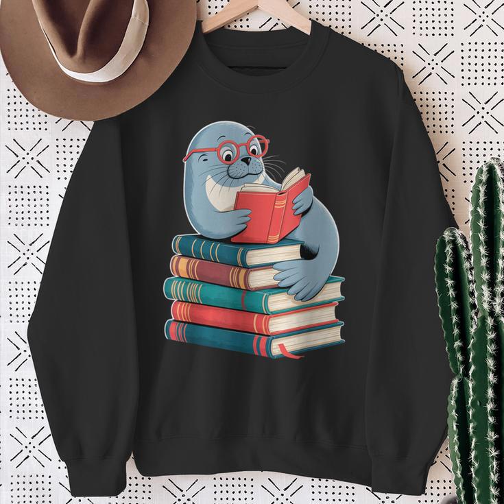 Cute Reading Seal On Books Book Lover Sweatshirt Gifts for Old Women