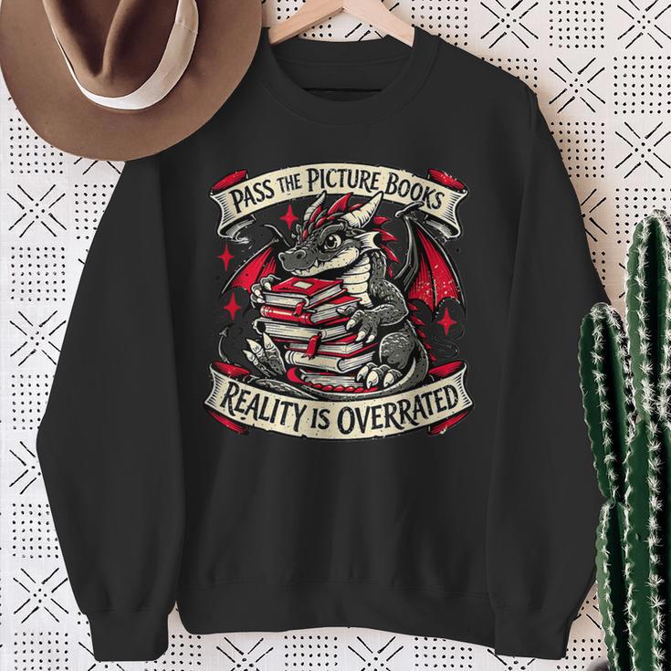 Dragon Reading Books Reality Overrated Reader Book Sweatshirt Gifts for Old Women