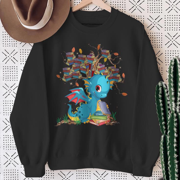 Dragon With Tree Books Cute Dragon Read Books Sweatshirt Gifts for Old Women