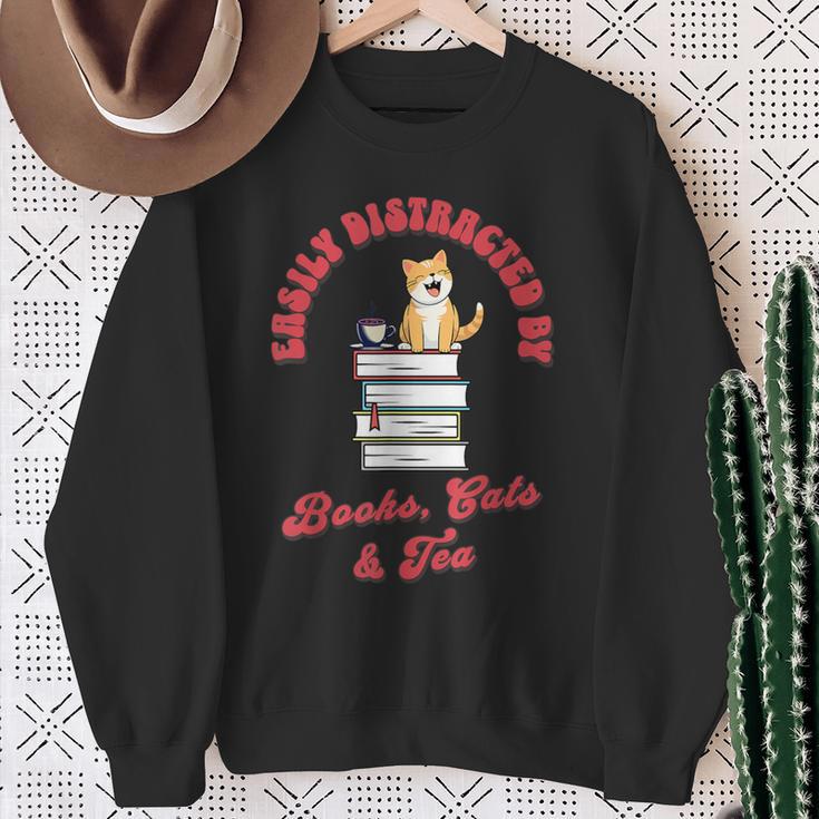 Easily Distracted By Books Cats Tea Book Lovers Librarians Sweatshirt Gifts for Old Women
