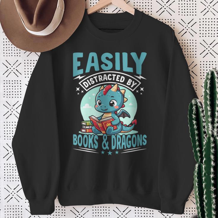 Easily Distracted By Books And Dragons Nerds Sweatshirt Gifts for Old Women