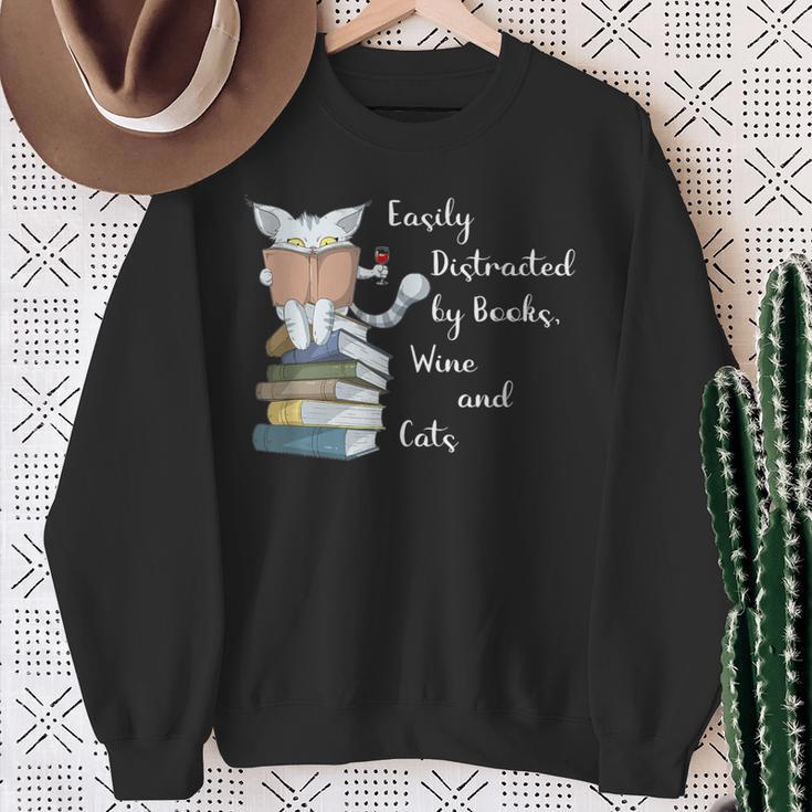 Easily Distracted By Books Wine And Cats Lover Sweatshirt Gifts for Old Women