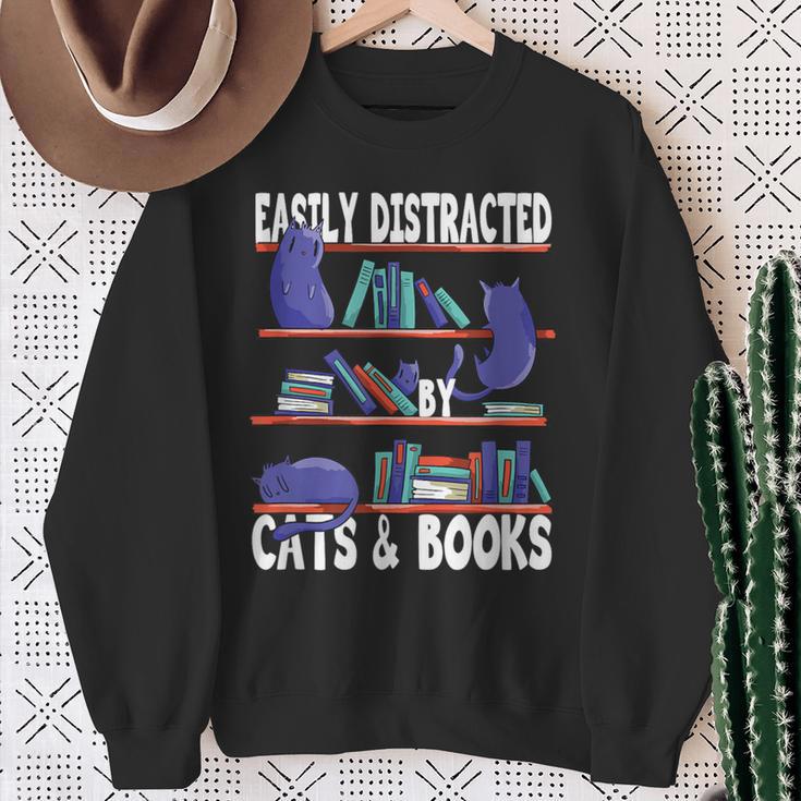 Easily Distracted By Cats And Book Bookworm Cat Lover For Men Women Sweatshirt Gifts for Old Women