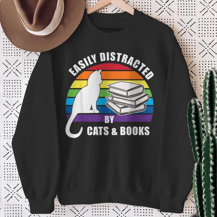Easily Distracted By Cats And Books – Retro Sunset Rainbow Sweatshirt Gifts for Old Women