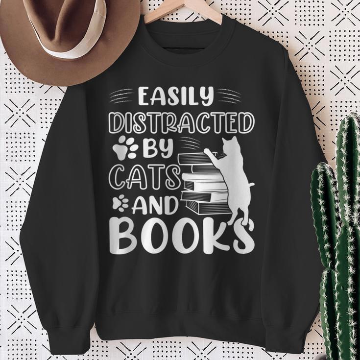 Easily Distracted By Cats And Books Cats & Book Lovers Sweatshirt Gifts for Old Women Easily Distracted By Cats And Books Cats & Book Lovers Sweatshirt Gifts for Old Women