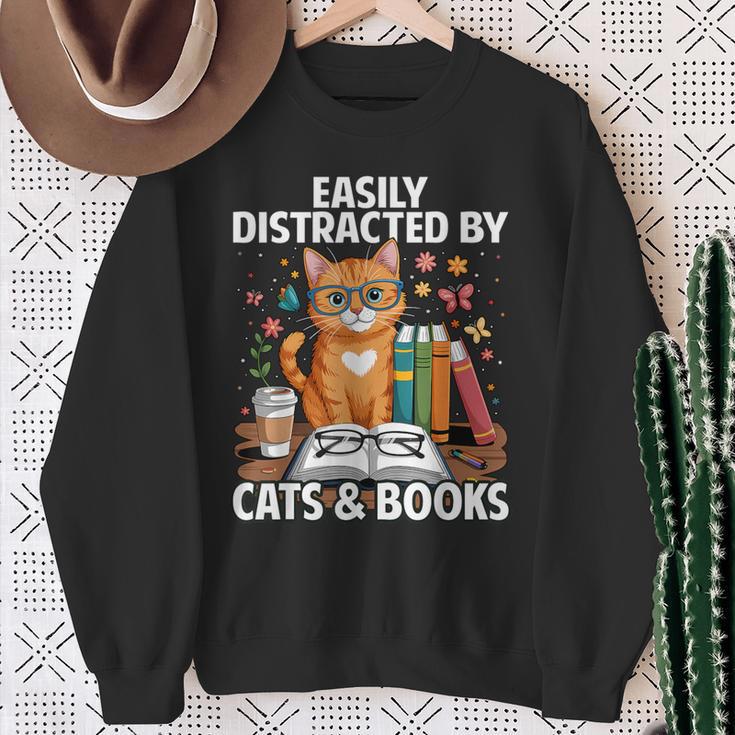 Easily Distracted By Cats And Books Book Lover Cat Sweatshirt Gifts for Old Women
