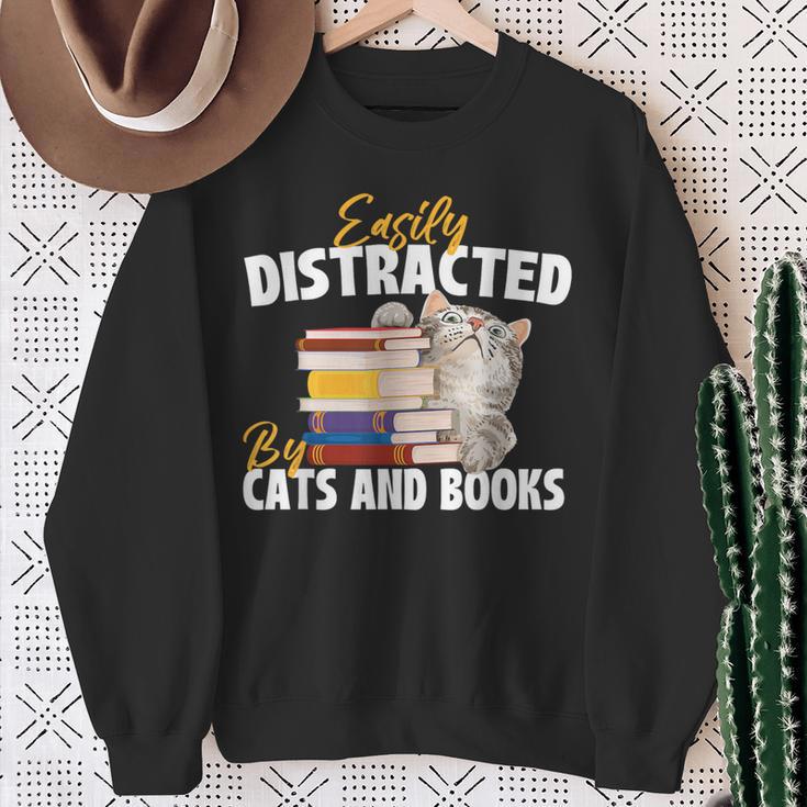 Easily Distracted By Cats And Books Bookworm Pet Lover Sweatshirt Gifts for Old Women