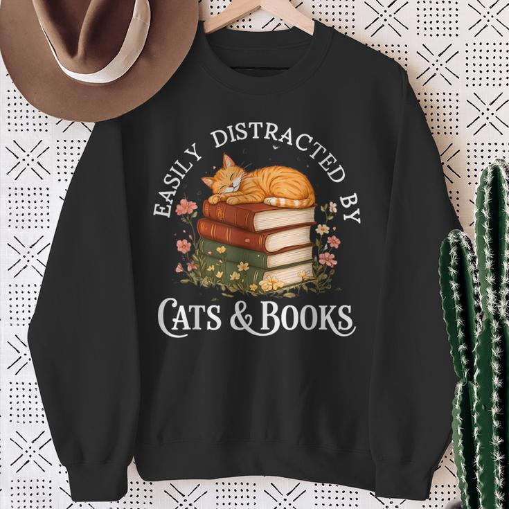 Easily Distracted By Cats And Books Cat And Book Lover Sweatshirt Gifts for Old Women