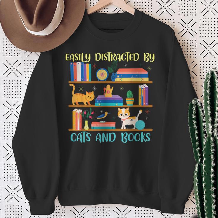 Easily Distracted By Cats And Books Cat Book Lovers Bookworm Sweatshirt Gifts for Old Women