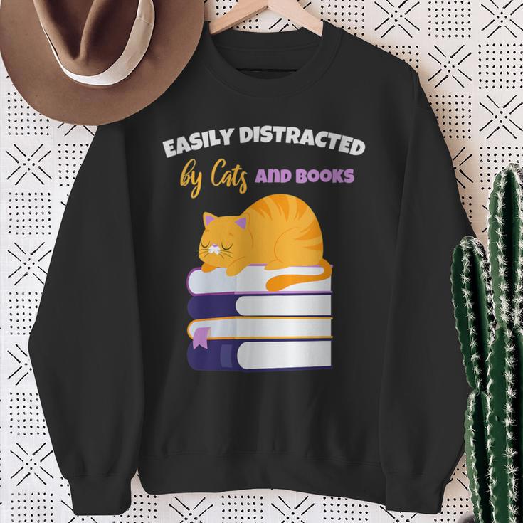Easily Distracted Cats And Books Cute Cat Book Lover Sweatshirt Gifts for Old Women