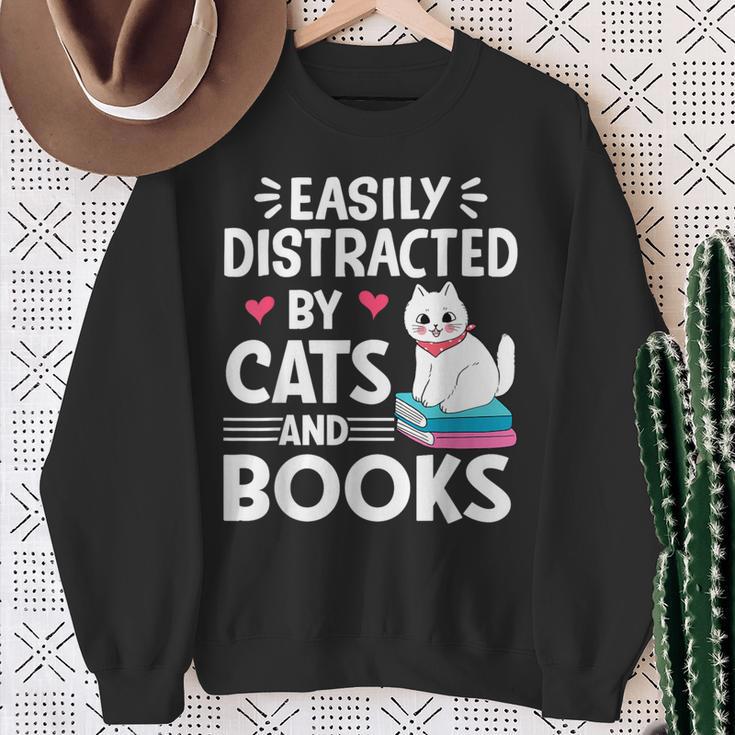 Easily Distracted By Cats And Books Cute Cat And Book Lovers Sweatshirt Gifts for Old Women