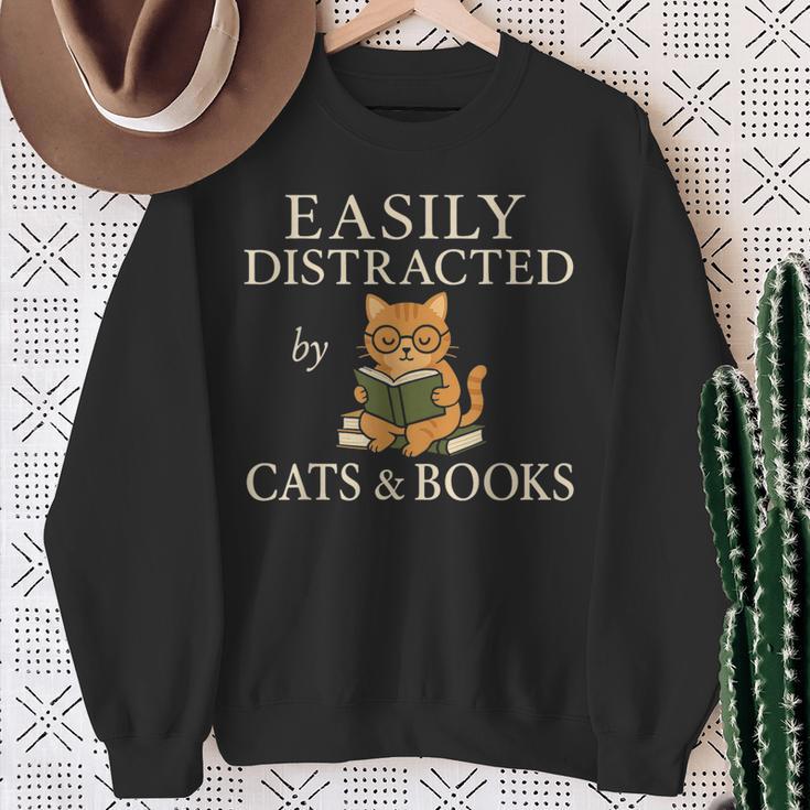 Easily Distracted By Cats And Books Cute Cat Reading Reader Sweatshirt Gifts for Old Women