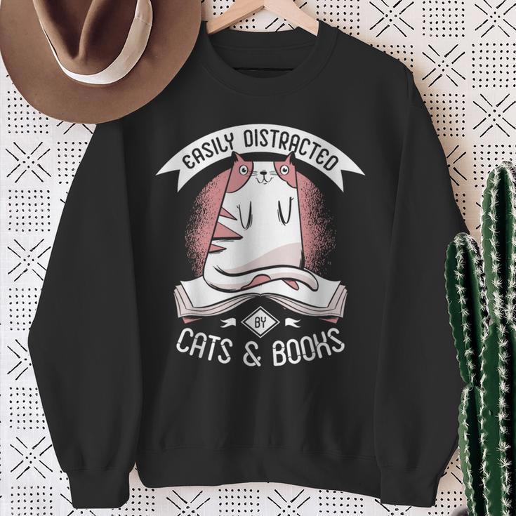 Easily Distracted By Cats And Books Men Cat Book Lover Sweatshirt Gifts for Old Women