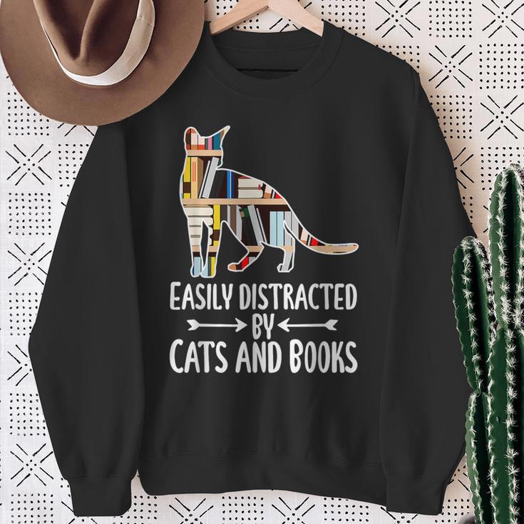 Easily Distracted By Cats And Books Reader Cat Lovers For Men Women Girls Kids Sweatshirt Gifts for Old Women