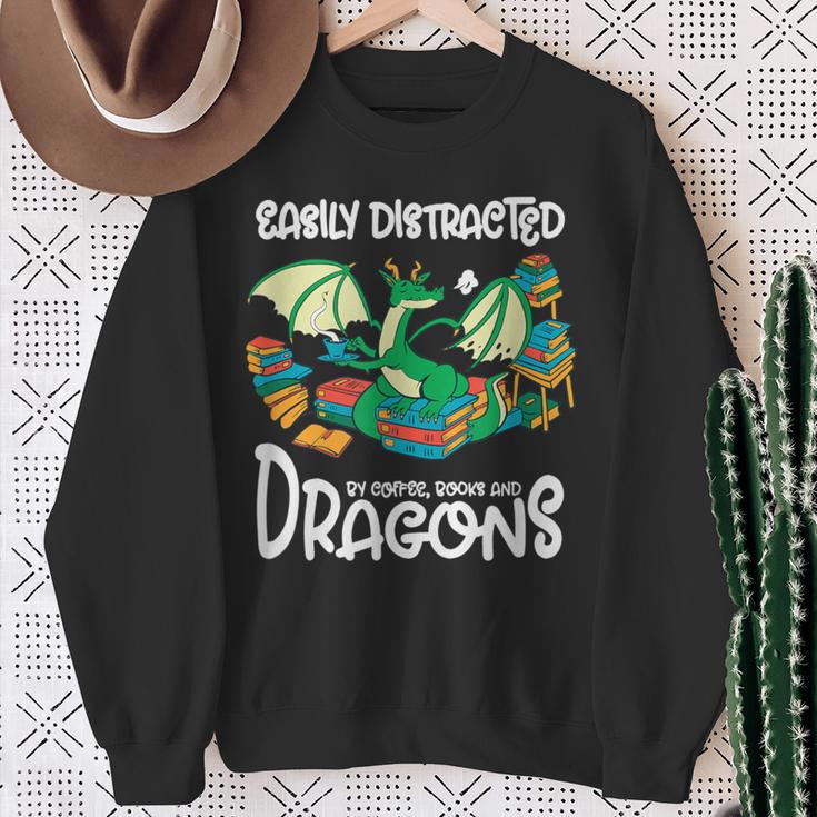 Easily Distracted By Coffee Books And Dragons Fantasy Sci-Fi Sweatshirt Gifts for Old Women