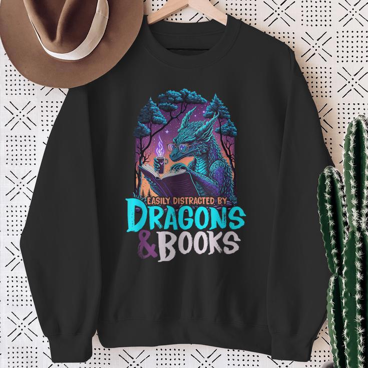 Easily Distracted By Dragon And Books For Book Lover Sweatshirt Gifts for Old Women