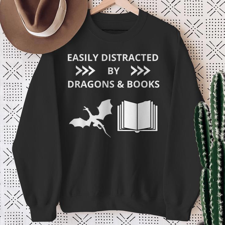 Easily Distracted By Dragon And Books Nerds Sweatshirt Gifts for Old Women