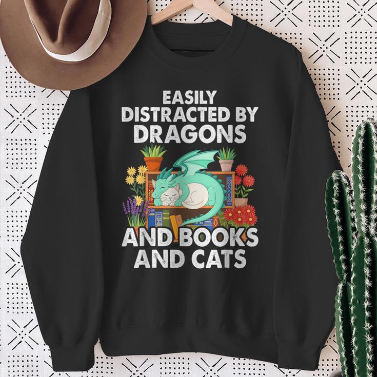 Easily Distracted By Dragons Books Cats Fantasy Book Lover Sweatshirt Gifts for Old Women
