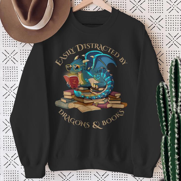 Easily Distracted By Dragons And Books Nerd Dragon Sweatshirt Gifts for Old Women
