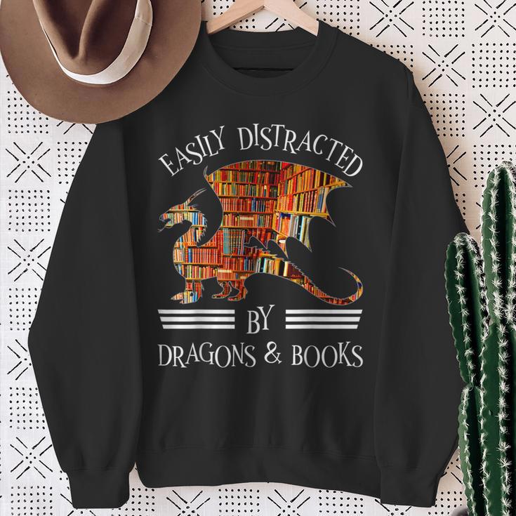 Easily Distracted By Dragons And Books Nerds Sweatshirt Gifts for Old Women