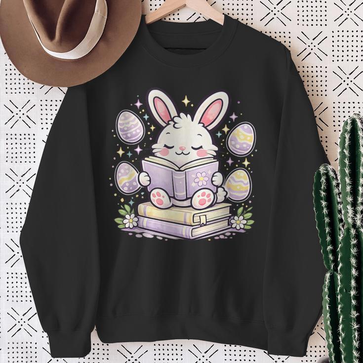 Easter Bunny Reading Book Cute Pastel Eggs Sweatshirt Gifts for Old Women