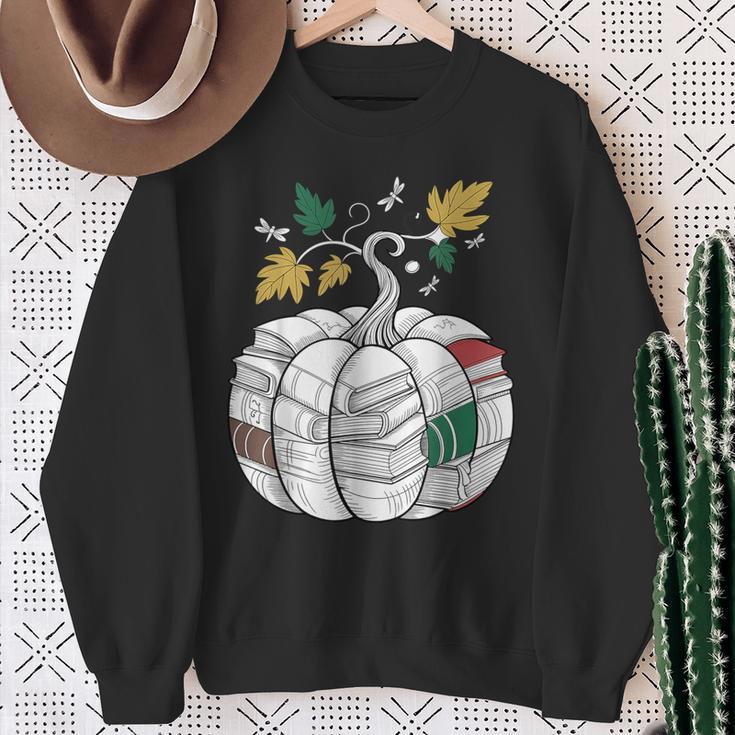Fall Bookshelf Pumpkin Autumn Reading Sweatshirt Gifts for Old Women