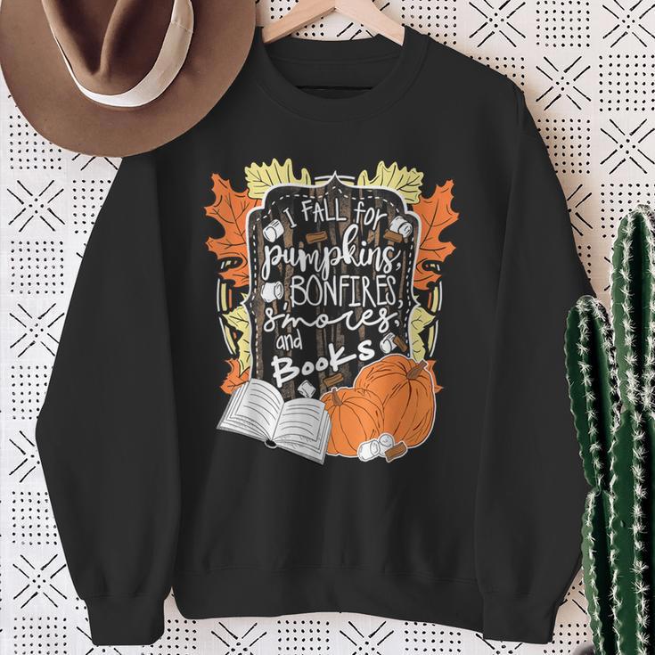 I Fall For Pumpkins Bonfires S'Mores Books Halloween Reader Sweatshirt Gifts for Old Women