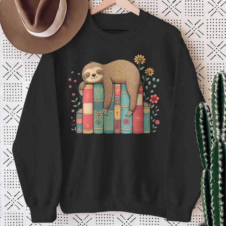 Floral Sloth Sleeping On Books Sweatshirt Gifts for Old Women