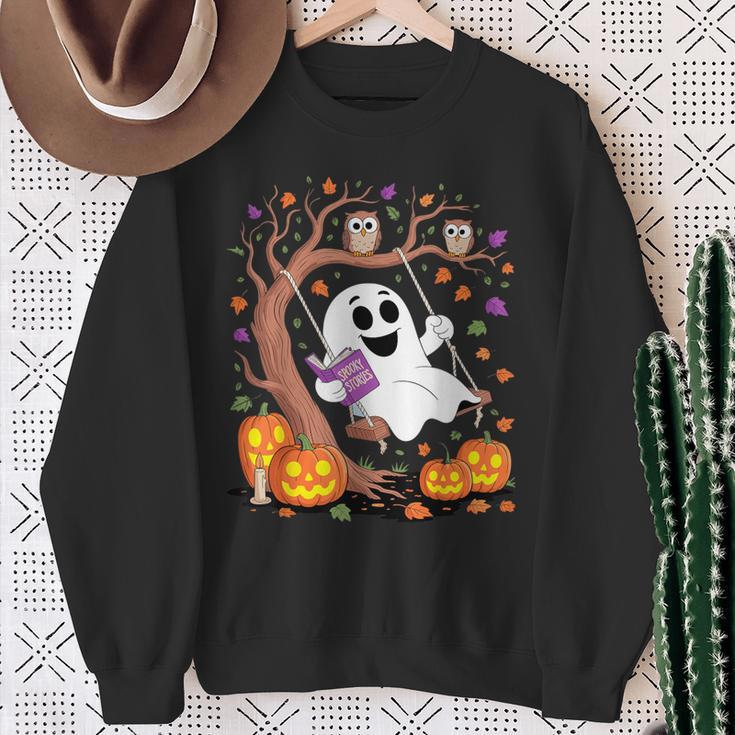 Ghost Reading Book On Swing Halloween Autumn Art Sweatshirt Gifts for Old Women