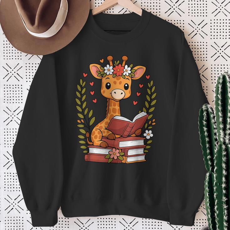 Giraffe Reading Book Graphic Giraffe With Book Floral Sweatshirt Gifts for Old Women