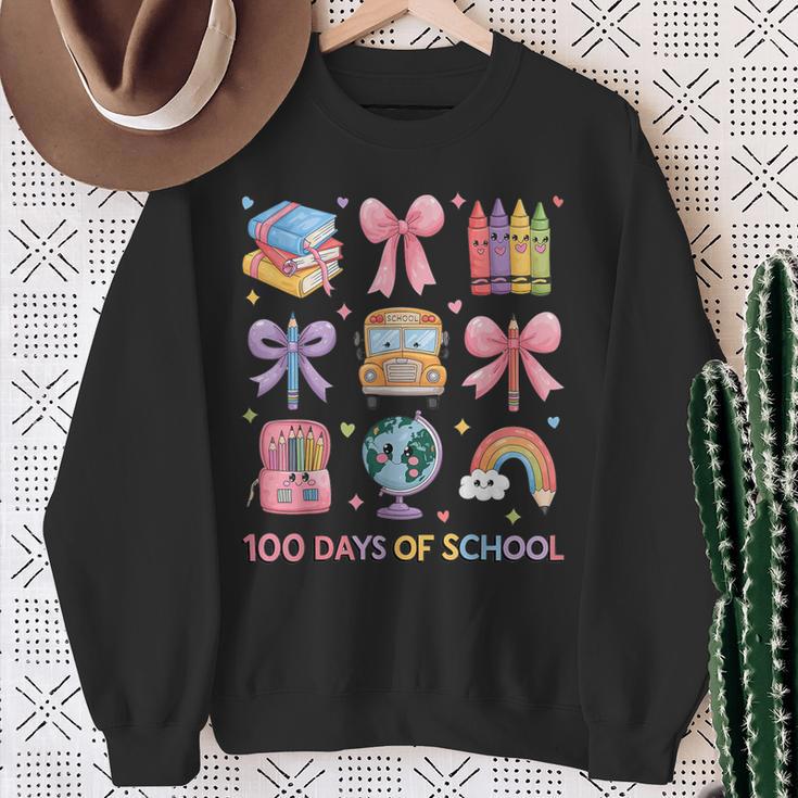 Girls 100 Days Of School Coquette Bow Pencil Bus Book Crayon Sweatshirt Gifts for Old Women Girls 100 Days Of School Coquette Bow Pencil Bus Book Crayon Sweatshirt Gifts for Old Women
